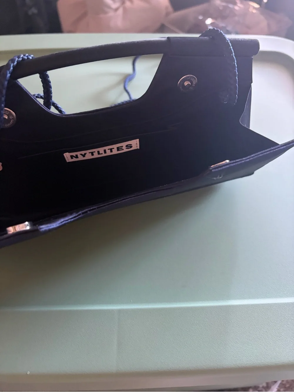 Elegant Nylites Blue Satin Clutch with Rope Strap New without tags